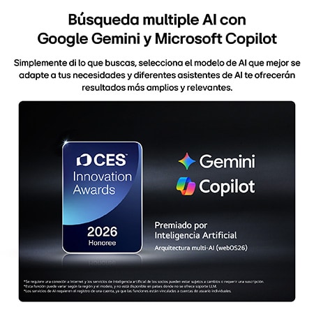 The 2026 CES Innovation Awards Honoree badge in the Artificial Intelligence category recognizes Multi-AI search with Google Gemini and Microsoft Copilot.